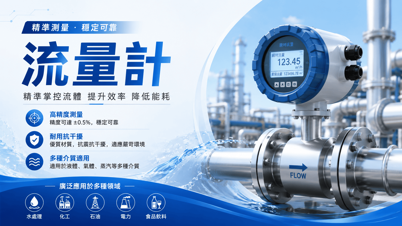 流量計是用來量測液體、氣體或蒸氣流量的儀表設備,常應用於水處理、化工製程