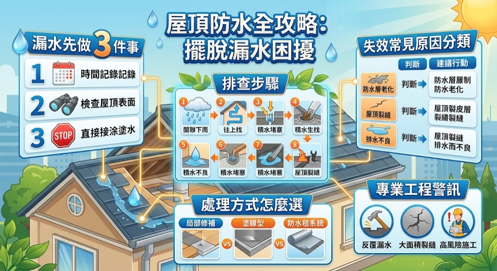 屋頂防水怎麼辦?漏水原因、排查流程與修繕注意事項完整指南