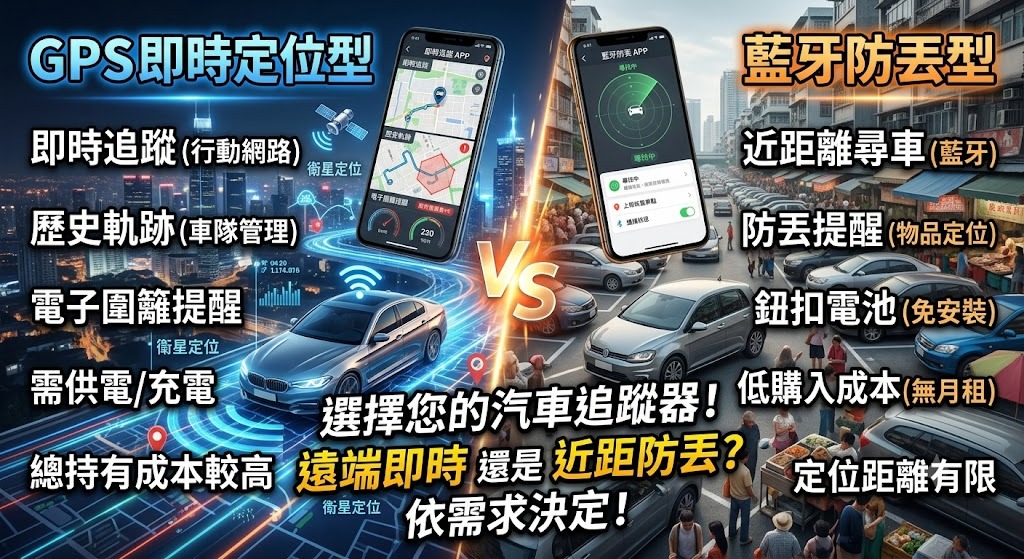 汽車追蹤器怎麼選?GPS 即時定位型 vs 藍牙防丟型完整比較