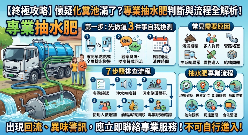 抽水肥怎麼辦?化糞池滿了、馬桶冒泡與異味的原因、排查與處理指南
