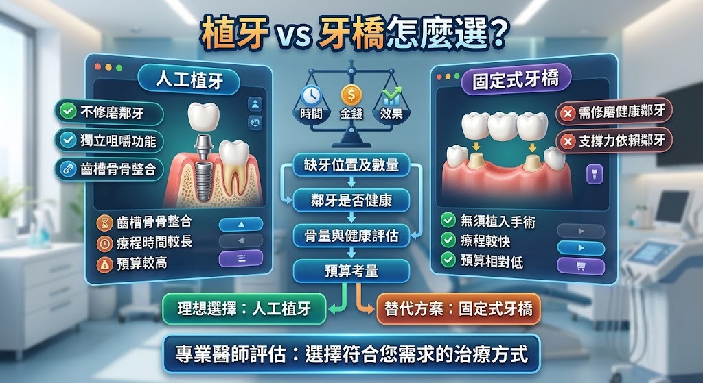 植牙 vs 牙橋怎麼選？缺牙修復方式、費用、療程與適合族群完整比較