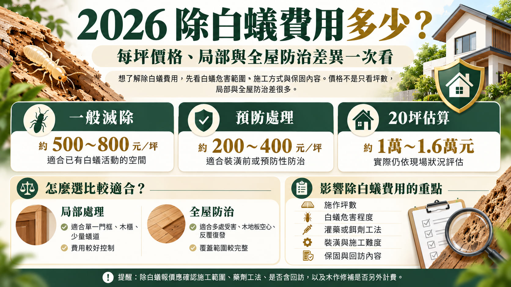 2026除白蟻費用多少?每坪價格、局部與全屋防治差異,6大省錢避雷重點