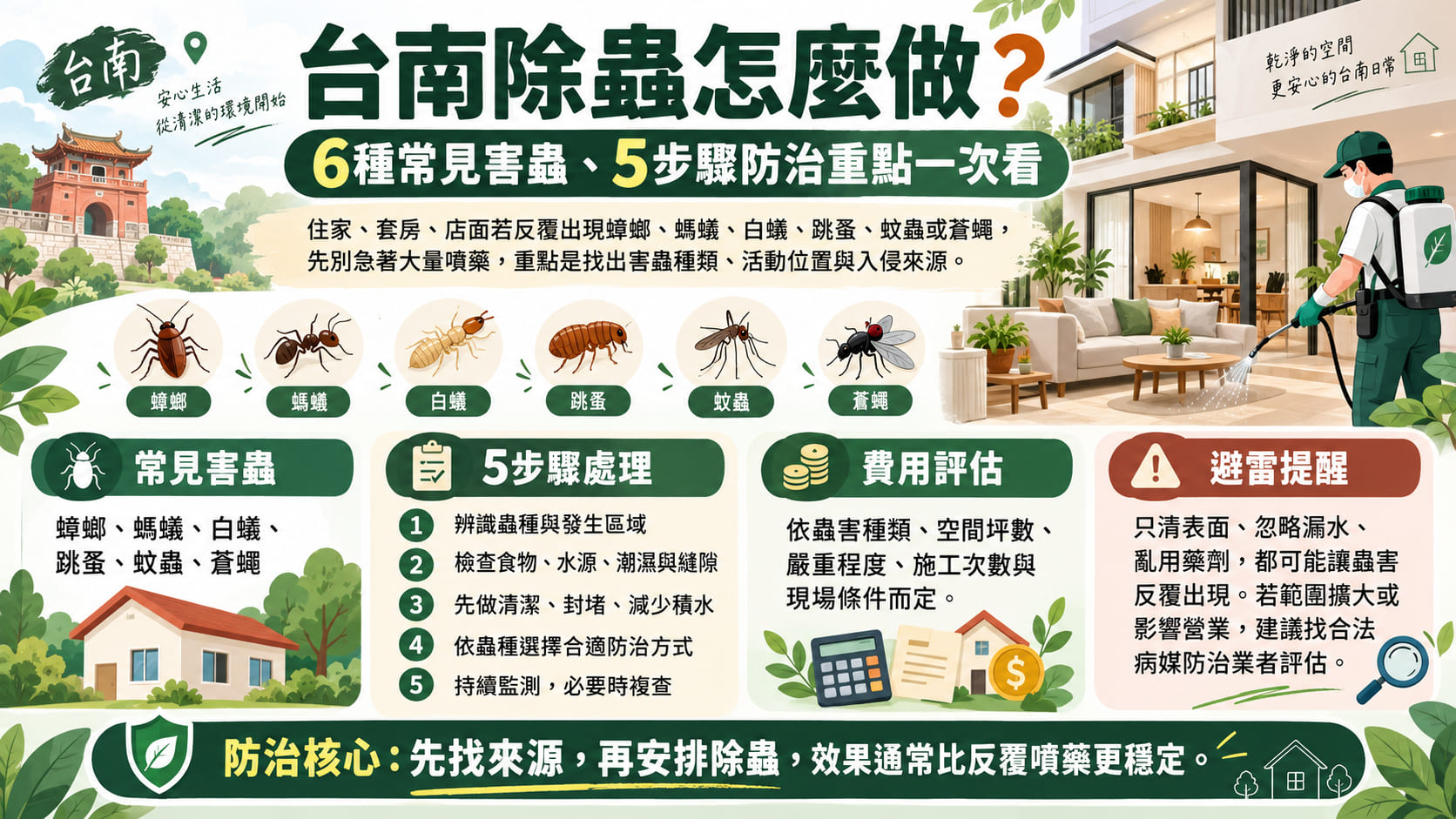 台南除蟲怎麼做？6種常見害蟲、5步驟防治與費用重點一次看