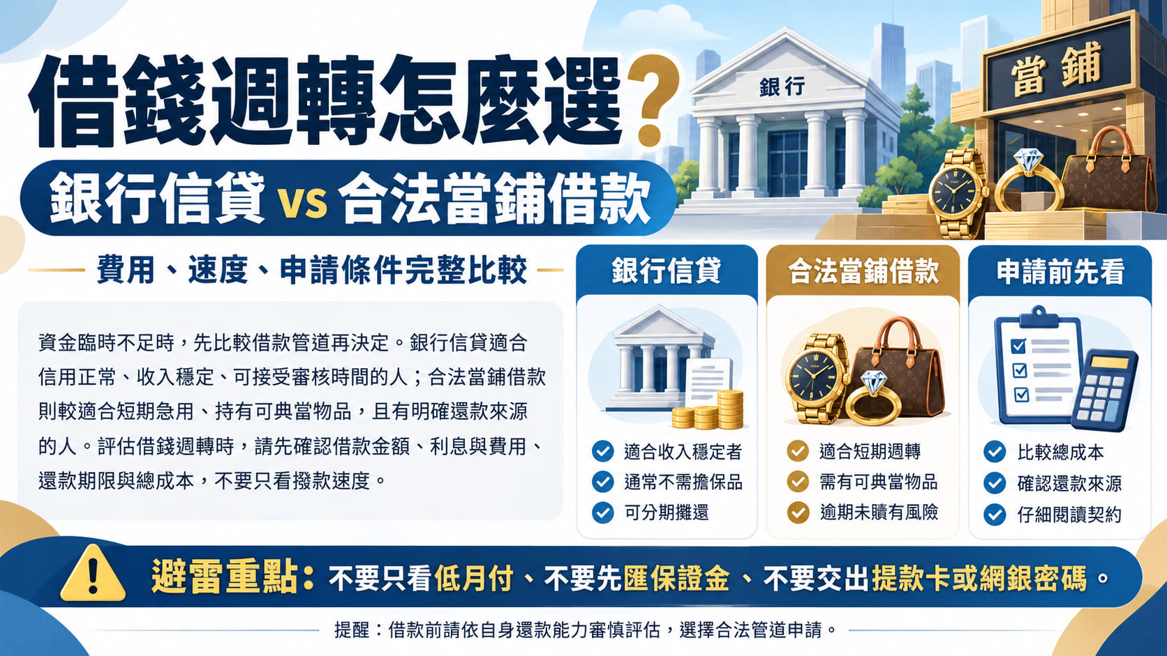 借錢週轉怎麼選?銀行信貸 vs 當鋪借款,費用、速度與申請條件完整比較