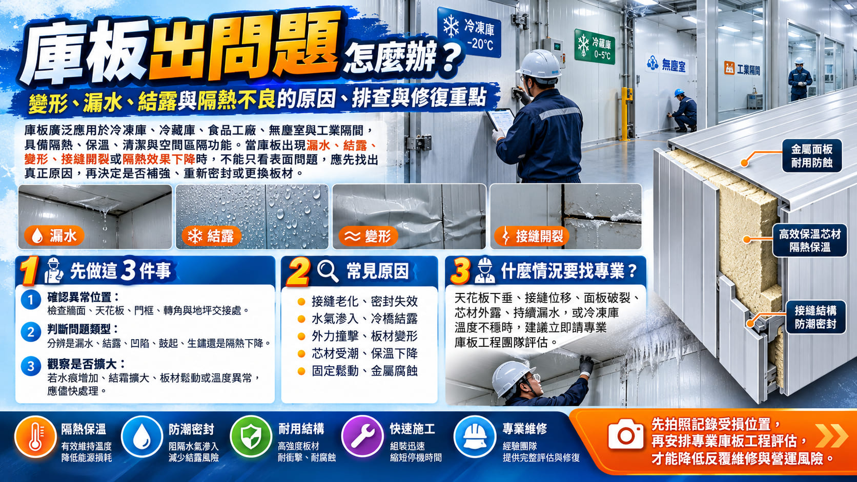 庫板出問題怎麼辦?變形、漏水、結露與隔熱不良原因,7步驟排查及修復重點